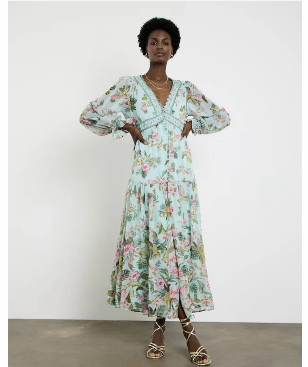 formal tropical dress Blue Halter A Line Floral Chiffon Prom Dresses With Ruffles Blue / 6 Find strappy Andrea & Leo A1406 Tea