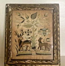 Antique 18th c Needlework Embroidery On Silk Deer Tree of Life Framed