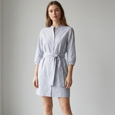 Everlane Blue Striped Cotton Weave Collarless Shirt Belt Midi Dress, size 2