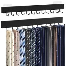 Tie Rack Wall Mount, Adhesive Wooden Closet Tie Hanger with 24 Metal Hooks, L...