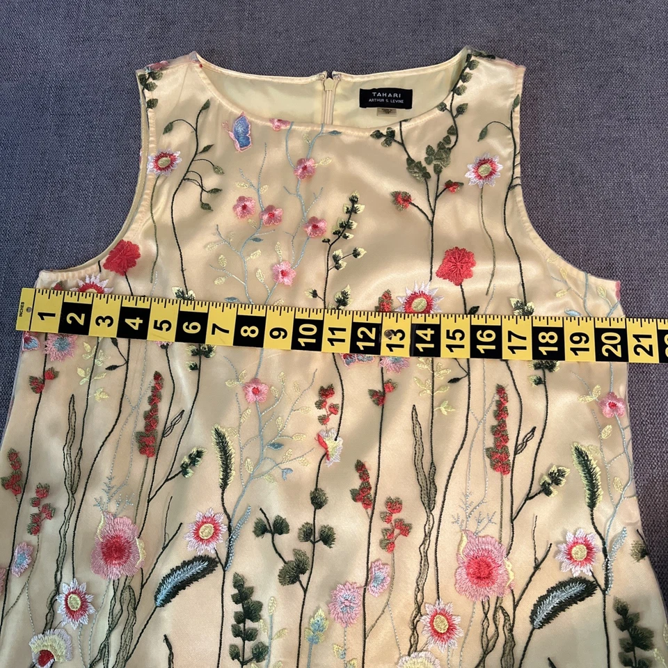 Tahari Arthur Levine Embroidered Floral Overlay Yellow Dress Women’s SZ 12 - Image 3 of 4
