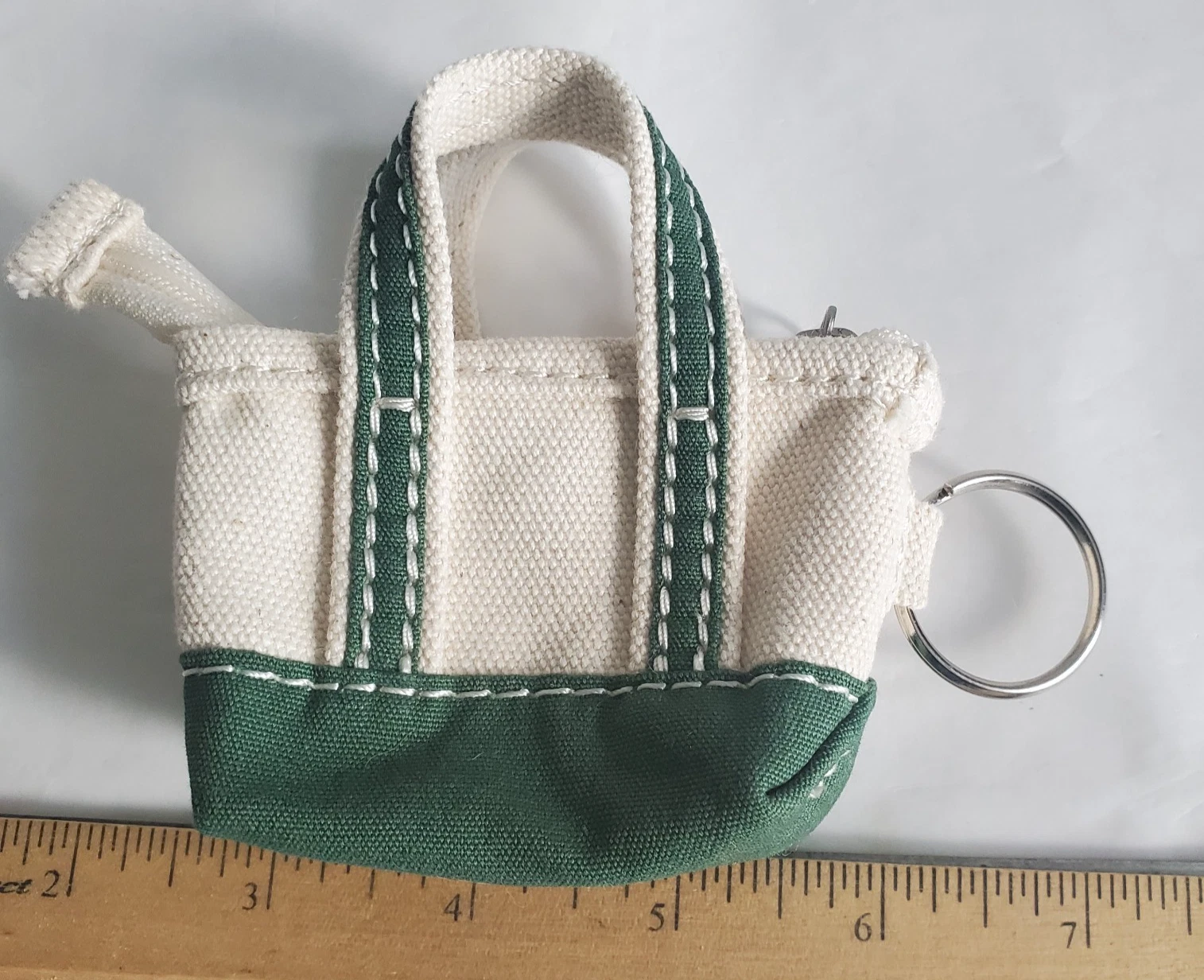 Vtg LL Bean Mini Boat & Tote Bag Keychain Keyring Green Cream Canvas Zip Top