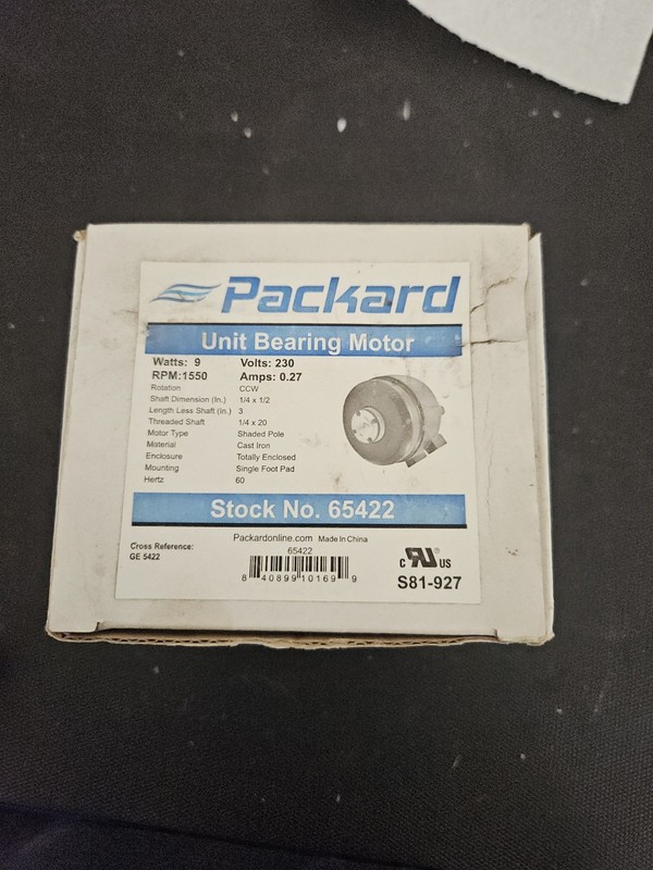 Packard 65422 Unit Bearing Motor 230V 0.27A CCW For GE Central Air