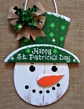 HAPPY ST. PATRICK'S DAY Snowman SIGN Wood Hanger Plaque Door Wall Primitive