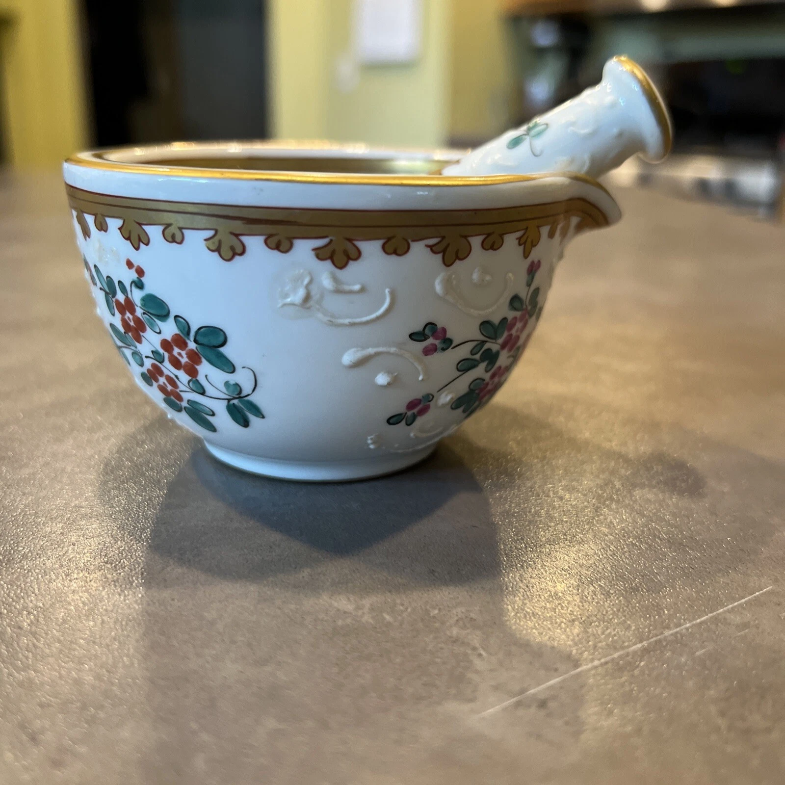 Old Sperabo Edme Samson France Hand Painted Porcelain Pestle Mortar Floral Ornat
