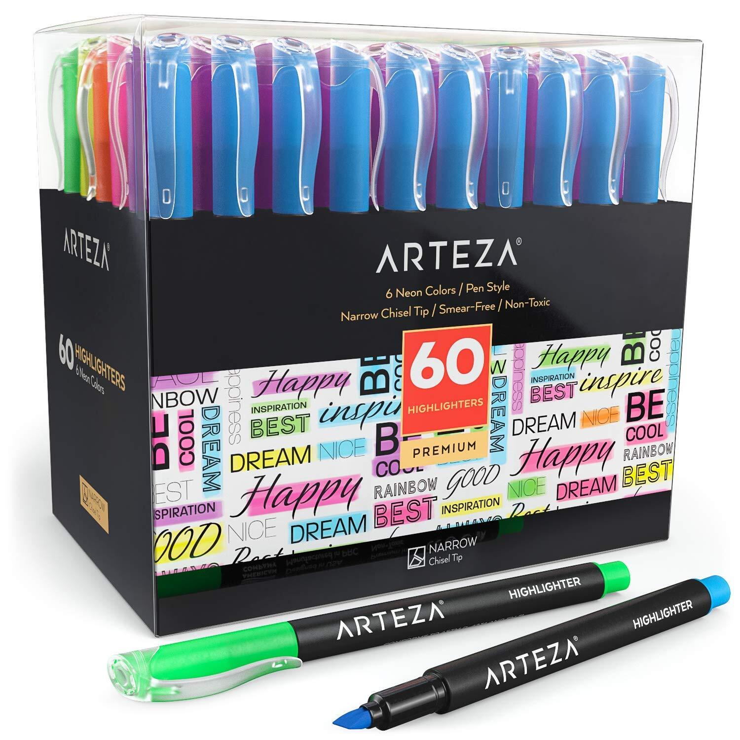 Arteza Highlighters | 6 Assorted Colors | Narrow Chisel Tip - Set of 60-image