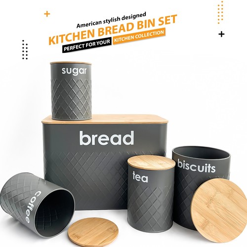5pc Gray Bread Bin Canister Set Box, Kitchen Loaf Storage + Airtight