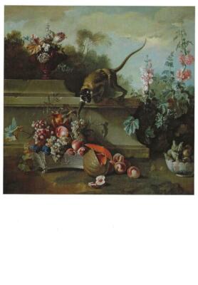 Postcard Jean-Baptiste Oudry ''Still Life w/ Monkey Fruits & Flowers'' 1724 MINT