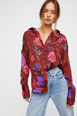 NEW FREE PEOPLE FLORAL SILKY NIGHTS BUTTONDOWN TUNIC OVERSIZED HIGH LOW TOP S