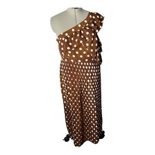 Prettylittlething Women’s brown polka dot one shoulder ruffle maxi dress Size16