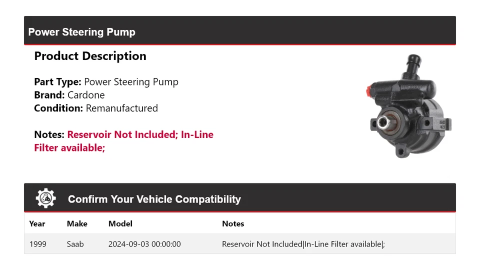 适用于 1999 年 Saab 9 - 3 动力转向泵 Cardone — 第 2/4 张图片