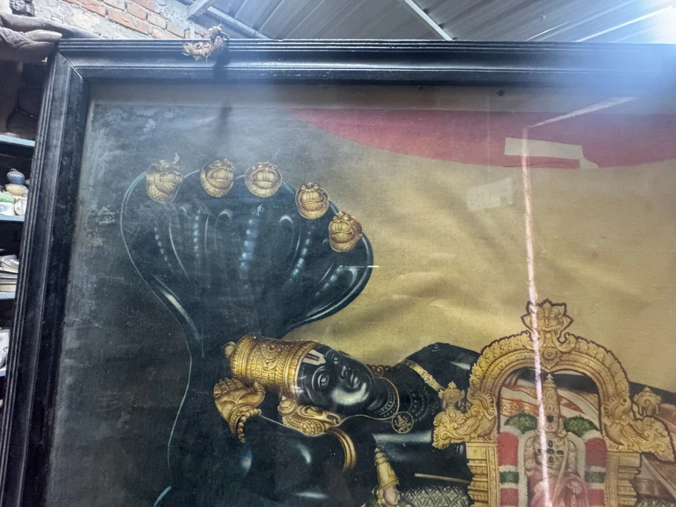 Colgante de pared vintage raro coleccionable hindú Shree Vishnu Sheshnag Saya impresión antigua Foto 4 de 4