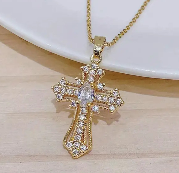 Alternate view of Women Luxury 14k Gold Plated Rhinestone Crystal Cross Pendant Necklace Charm New
