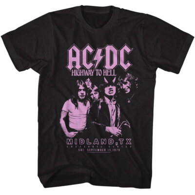 ACDC Mens New T-Shirt 1978 Highway To Hell Midland Texas Black Cotton Licensed