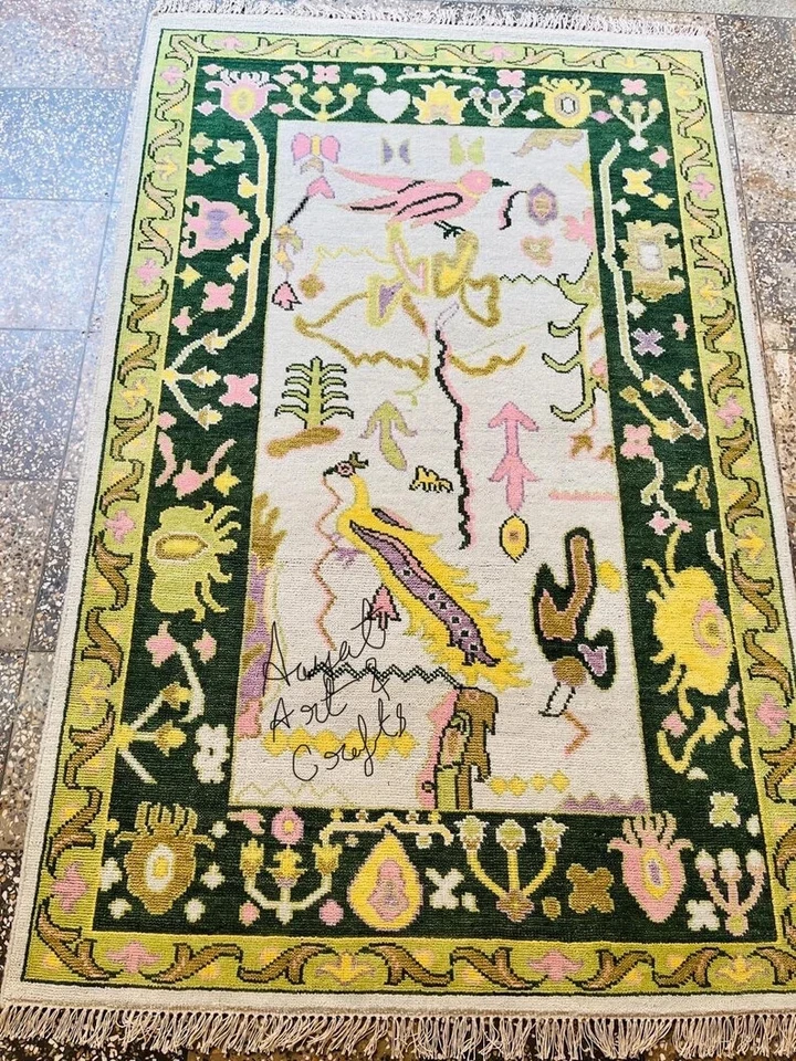 HandKnotted Handmade Oushak Carpet Area Pattern Green Border Bird Rug 5x8,6x9 - Image 2 of 4