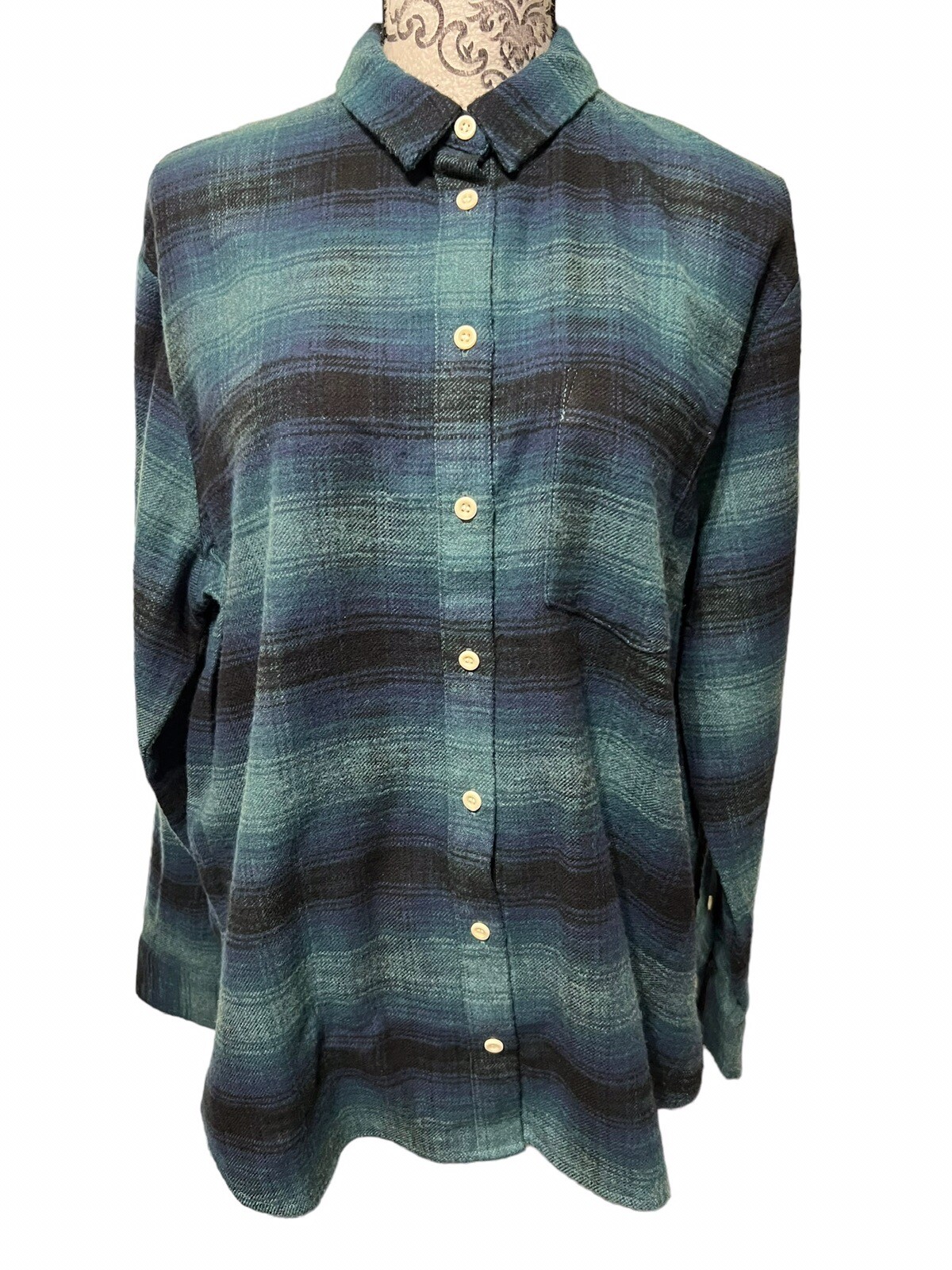 Madewell Flannel Shirt Women’s Large Green Blue Plaid Button Front Tunic New $94-image