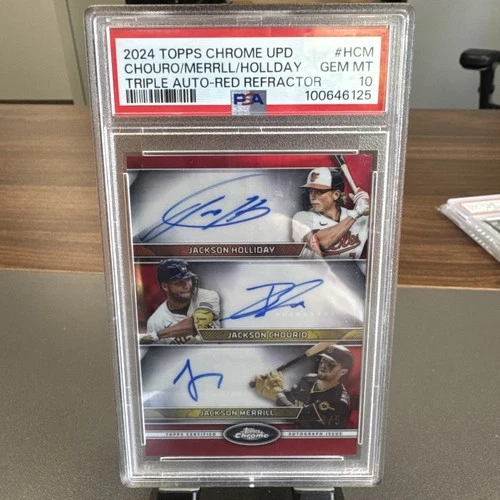 JACKSON HOLLIDAY CHOURIO MERRILL 2024 TOPPS CHROME RED REFRACTOR AUTO 4/5 PSA 10