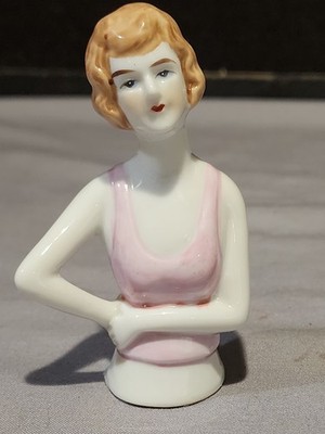 German Rare Model Antique Half Doll 4'' Pink Flapper Dress
