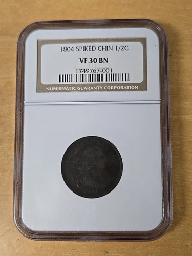 1804 Draped Bust Half Cent Spiked Chin 1/2C NGC VF30 Rotated Die Reverse NICE