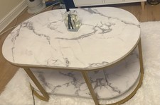 Marble-Effect Gold-Tone Coffee Table Set of 2 with Storage Shelf