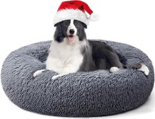 XL Calming Donut Dog Bed 70cm Fluffy Anti Anxiety Washable Dark Grey