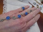 Art Deco sterling silver Blue Chalcedony & flower bracelet 6.5" matching ring