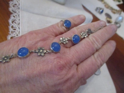 Art Deco sterling silver Blue Chalcedony & flower bracelet 6.5" matching ring