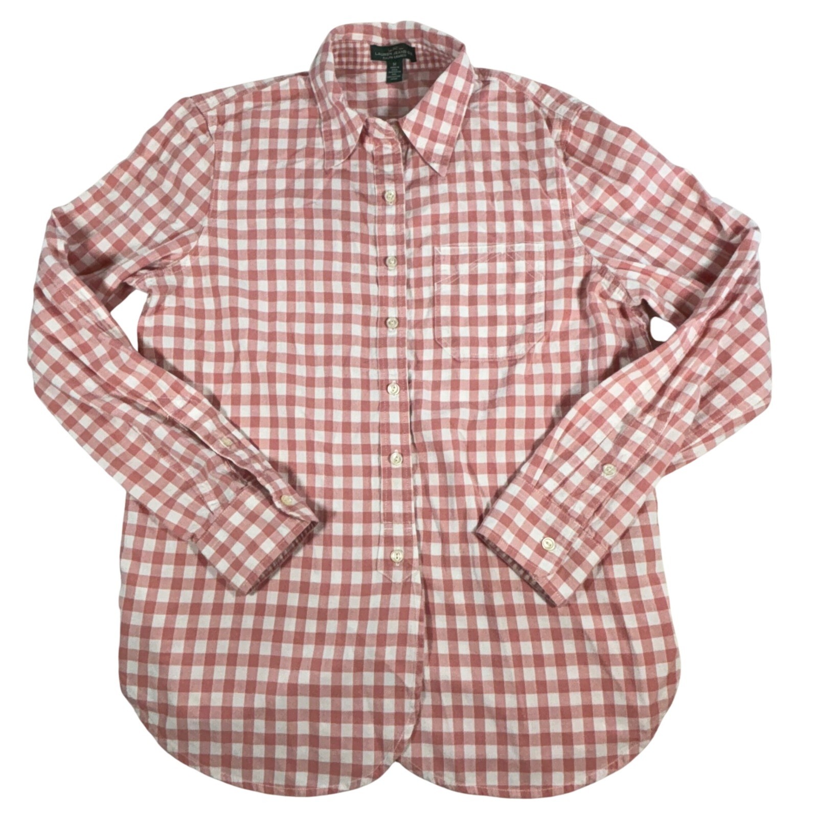 Lauren Jeans Co Ralph Lauren Womens Gingham Popover Half Button Shirt Pink Sz M