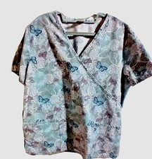 Scrub Top Size XL, by MOVIE STAR, 2 Front Pockets, Back Ties, Gray w/Butterflies