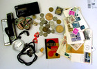 Junk Drawer Lot - Various Items - Coins, Stamps Harmonicas, Jewelry — photo 1