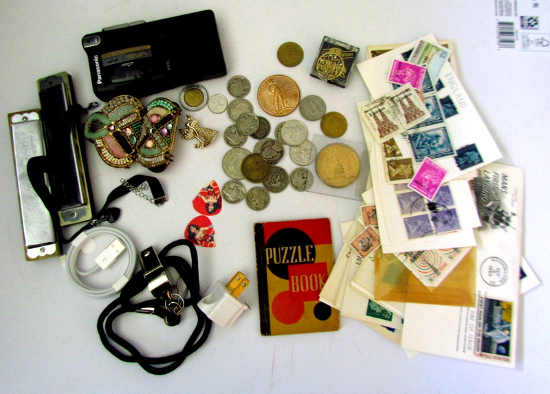 Junk Drawer Lot - Various Items - Coins, Stamps Harmonicas, Jewelry