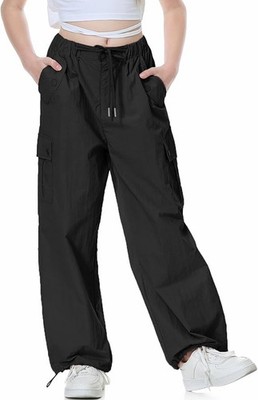 Rolanko Parachute Pants for Girls Cargo Trousers with Pockets Size 10-12 Black
