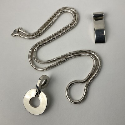 Sterling Silber Schlangenkette Halskette & 2 Anhänger Modernist Minimalistisch 24'' Unisex