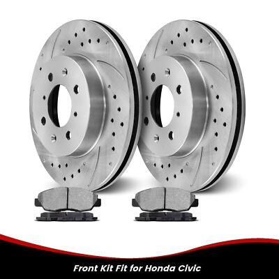 For Honda Civic 1996-2005 262mm Front Drilled Brake Rotors Ceramic Brake Pads