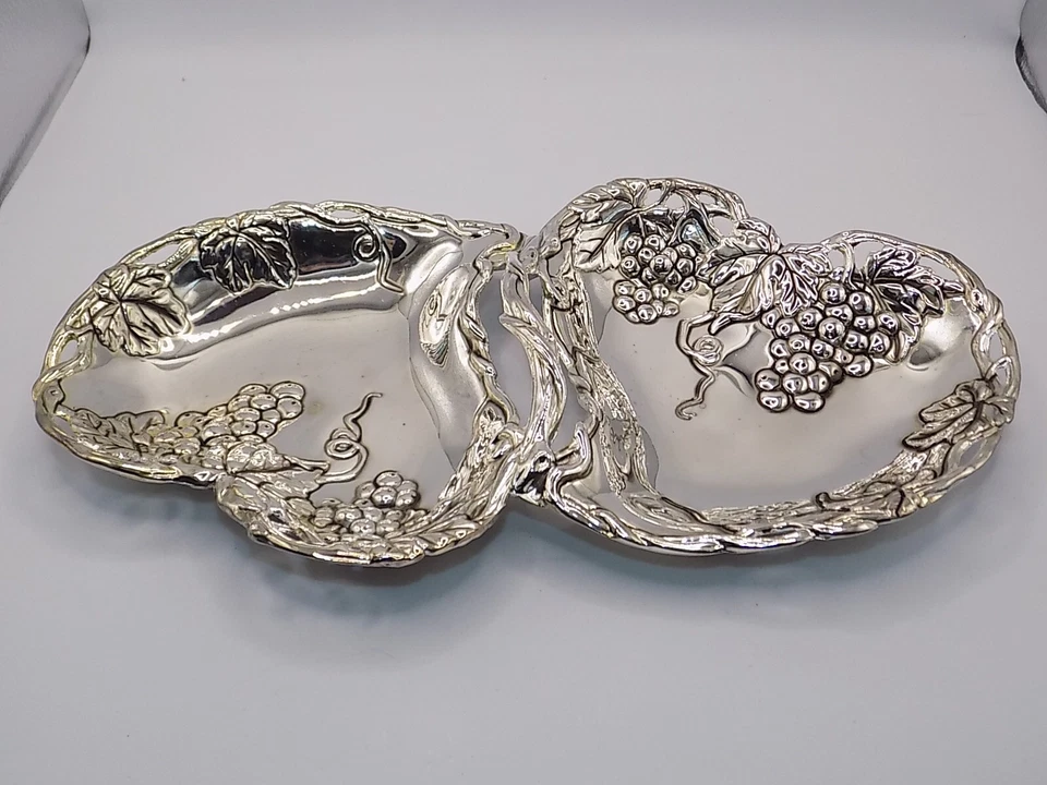 Godinger Double Heart Silver Dish Grape Plated Design Art Serving Candy Trinket - Image 3 of 4