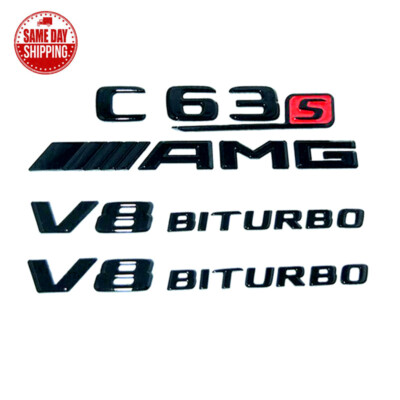 C63S+AMG+V8 BITURBO GLOSS BLACK Emblem Badge For Mercedes Benz C63 S NEW/VERSION