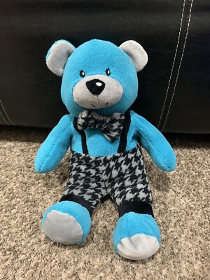 Tender Kisses Baby Plush Stuffed Teddy Bear Blue Grey Black Suspenders  Bow Tie