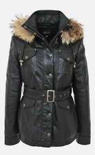 Ladies Fur Hooded Black Leather Coat Belted Hip Length Size 12