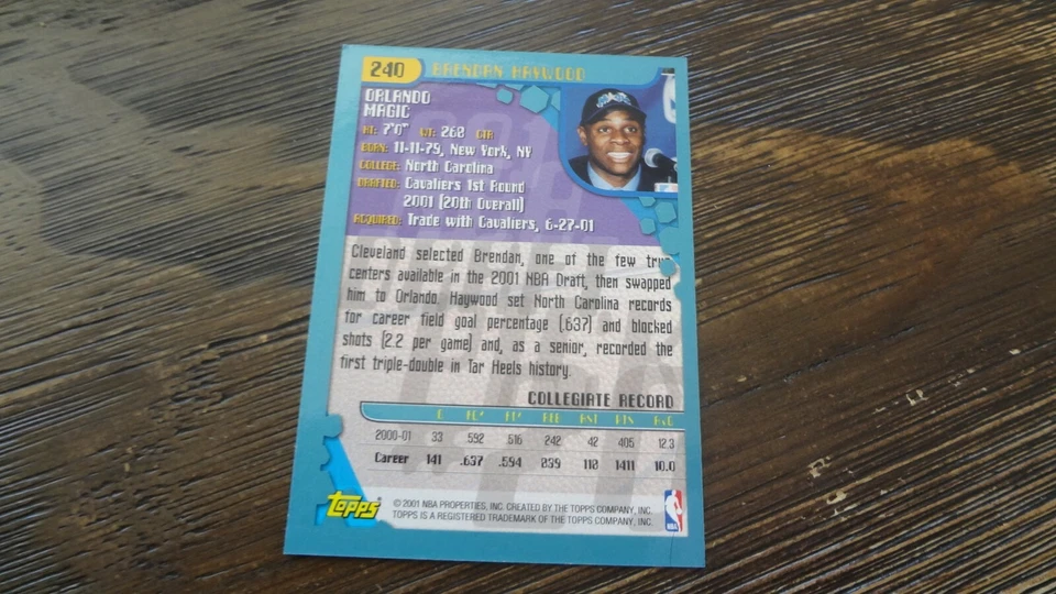 2001 TOPPS ROOKIE  #240 BRENDAN HAYWOOD BASKETBALL CARD - Image 2 of 2
