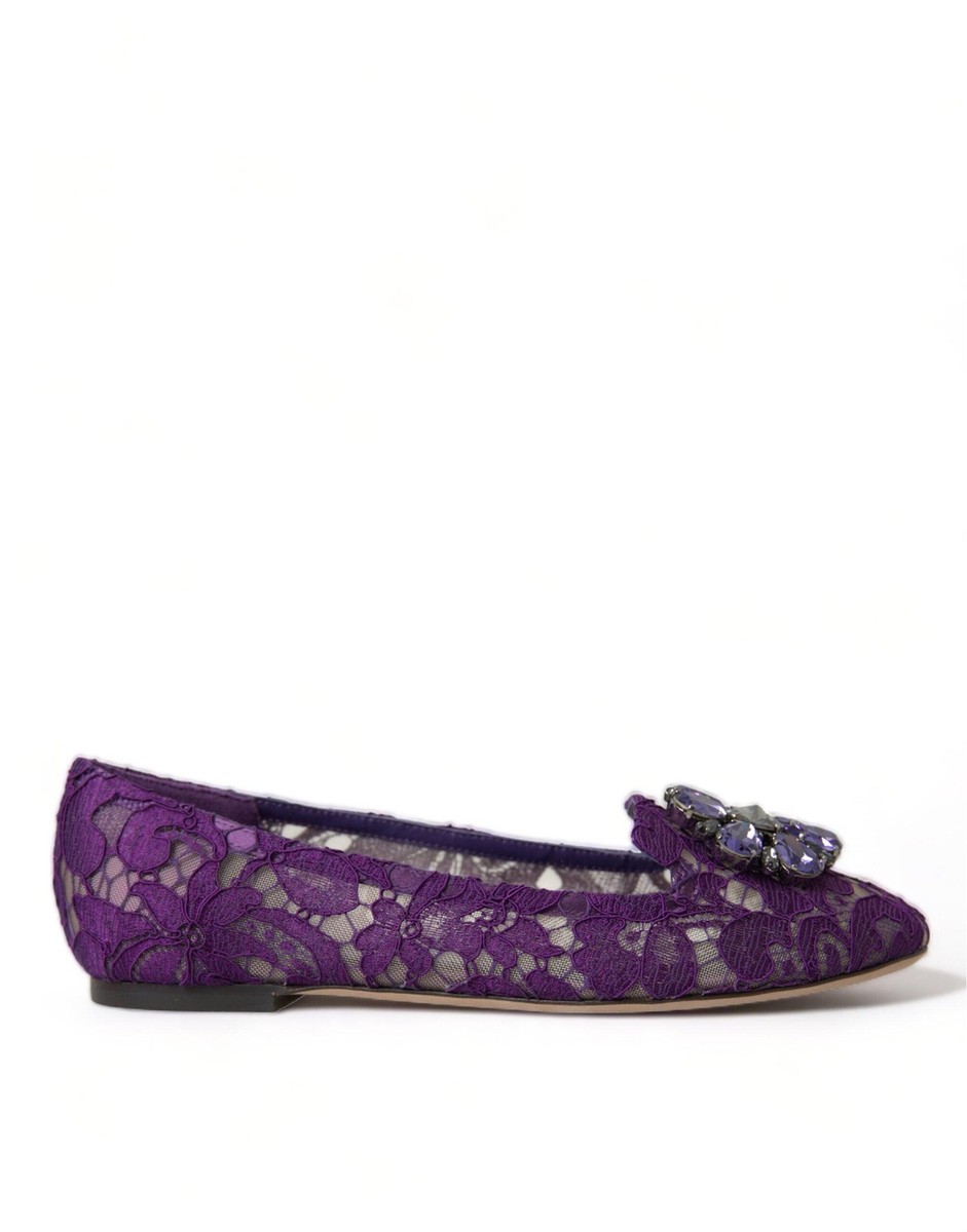 【関税&送料込み】Dolce & Gabbana Purple Flats Dolce & Gabbana Purple Vally Taormina Lace Crystals Flats