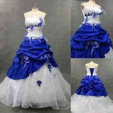 Royal Blue White Vintage Wedding Dresses Ruffles Gown Satin Lace Applique Custom