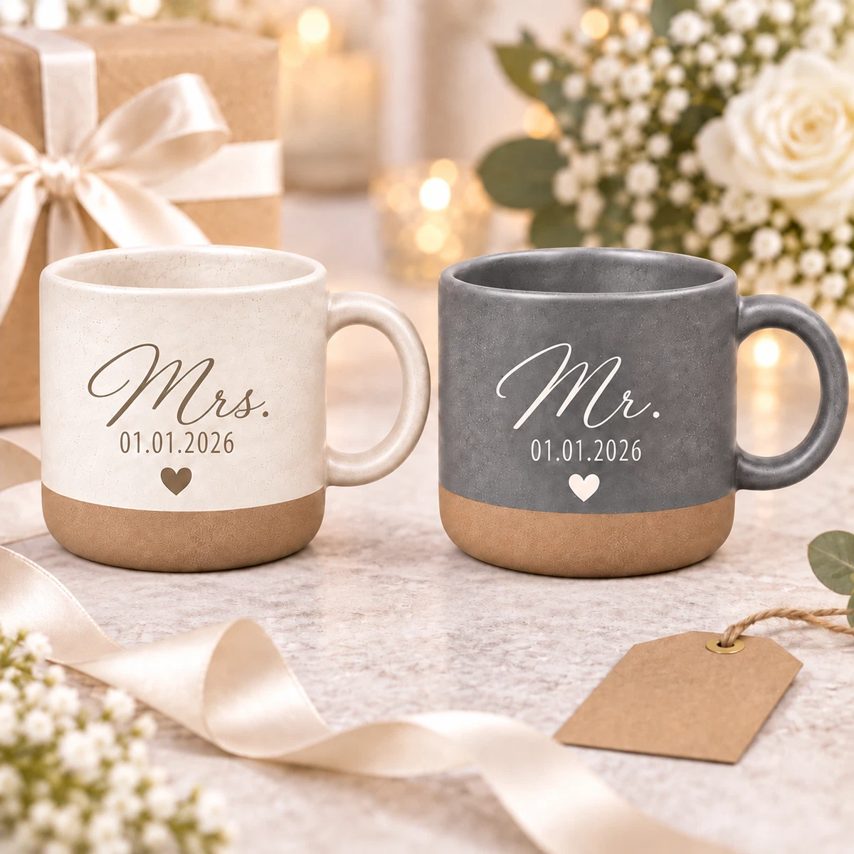 Personalisierte Mr. & Mrs. Tassen im 2er-Set mit Wunschdatum Keramiktassen 360ml