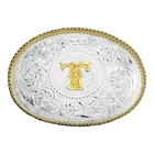Montana Silversmiths Belt Buckle Initial T Engraved Everyday Wear Gold Trim