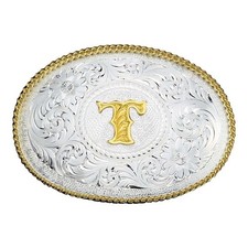 Montana Silversmiths Belt Buckle Initial T Engraved Everyday Wear Gold Trim