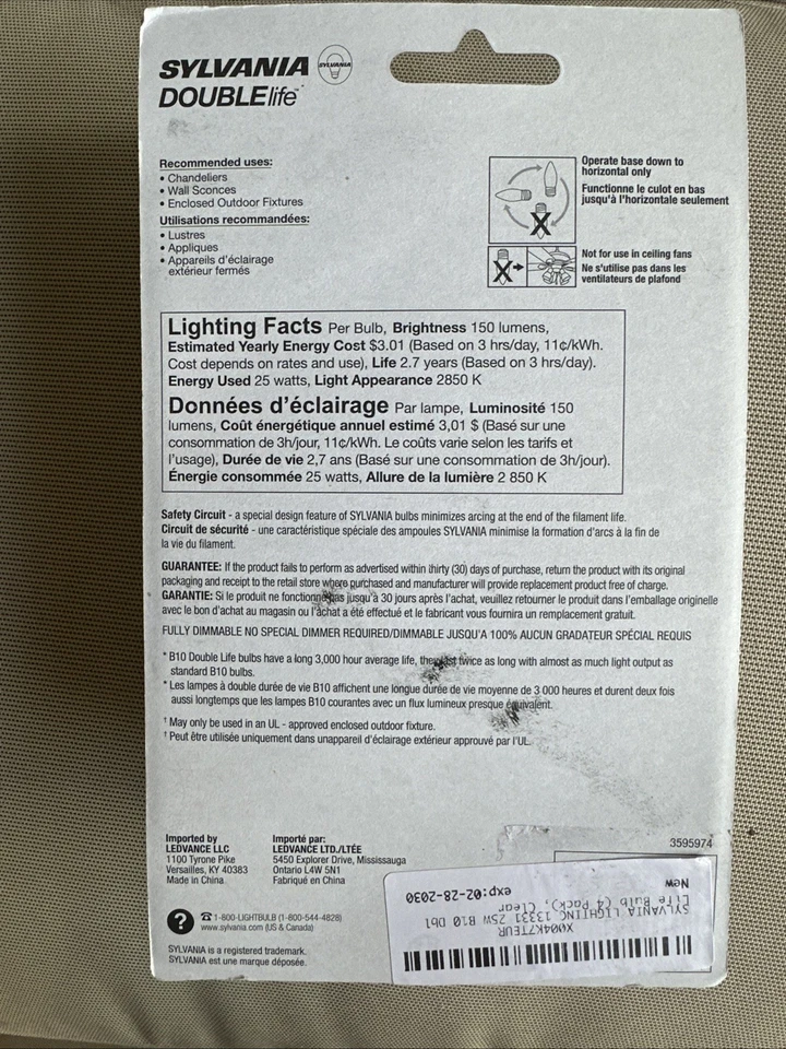 NEW Sylvania 4-pk 25W Double Life B10 Clear Bulb Standard Base Indoor/Outdoor - Image 3 of 3