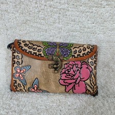Mexican Hand-Tooled Leather Butterflies and Roses Brown Wristlet Bag