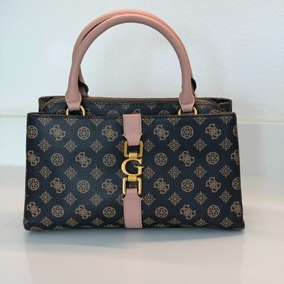 Guess Satchel Handbag Black Brown Logo Print Pink Handles   Medium Tote Purse