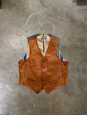 Vintage 1970s Leather Denim Colorful Blanket Stripe Lined Western Vest