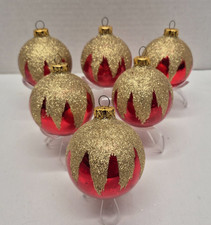 6 Vintage Christmas Tree Ball Ornament Red Gold Glitter Snow Cap Bauble Glass