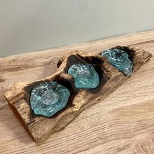 Rustic Driftwood Tealight Three Piece Melted Molten Glass Candle Holder Quirky